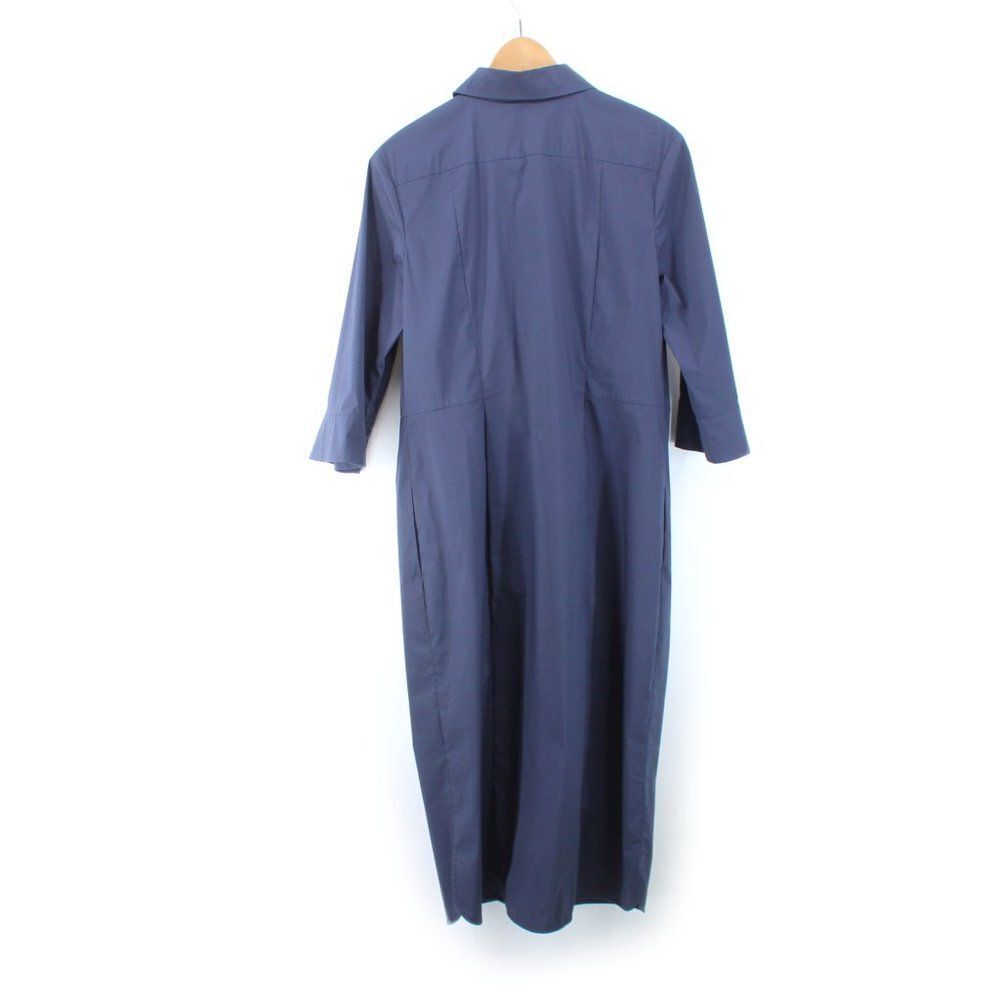 LUISA CERANO Dark Blue Cotton Stretch Shirt Dress Ruched Front Button Midi SZ 10 - Picture 7 of 15
